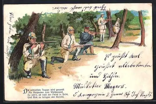 Lithographie Vorposten am Waldesrand halten Ausschau nach dem Feind