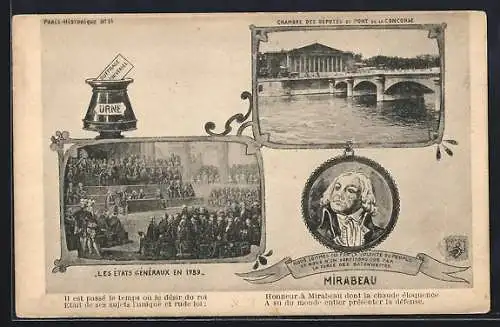 AK Paris, Les Etats Generaux en 1789, Chambre des Députés et Pont de la Concorde, Portrait Mirabeau