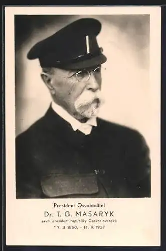 AK Portrait Präsident Masaryk (TGM) mit Mütze