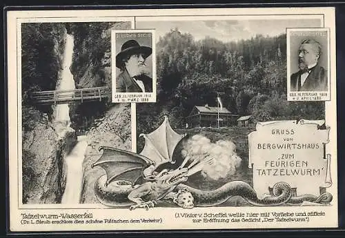 AK Oberaudorf, Bergwirtshaus zum Feurigen Tatzelwurm, Tatzelwurm-Wasserfall