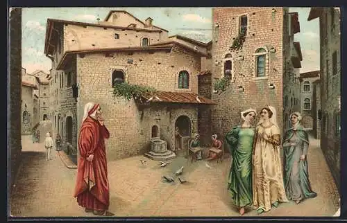 Künstler-AK Firenze, Incontro di Dante e Beatrice presso al Casa degli Alighieri