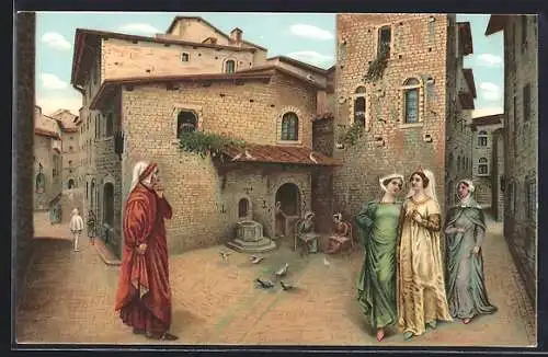 Künstler-AK Firenze, Incontro di Dante e Beatrice presso la Casa degli Alighieri