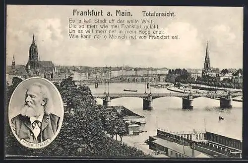 AK Frankfurt a. Main, Totalansicht, Teilansicht mit Kirche, Friedrich Stoltze