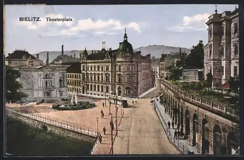 AK Bielitz, Strassenbahn auf dem Theaterplatz