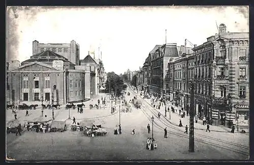 AK Kattowitz, Friedrichstrasse mit Stadttheather