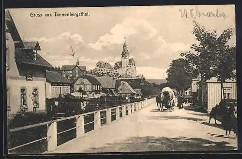 AK Tannenbergsthal, Ortsansicht mit Pferdekutschen