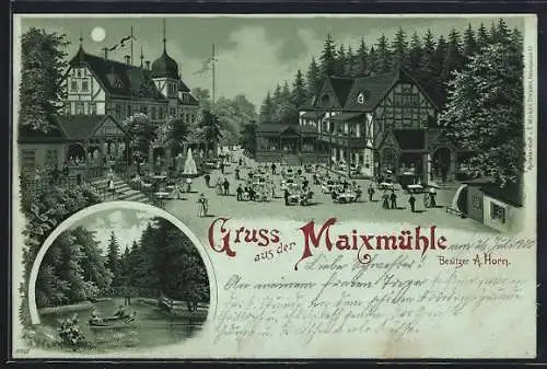 Mondschein-Lithographie Maixmühle, Restaurant von A. Horn, Ruderboot zu Wasser