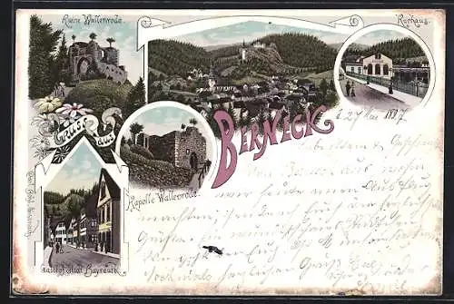 Lithographie Berneck / Fichtelgebirge, Ortsansicht, Gasthof Stadt Bayreuth, Kurhaus, Ruine und Kapelle Wallenrode