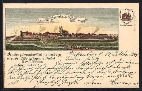 Lithographie Wittenberg / Elbe, Stadtansicht von 1748 mit Stadtwappen