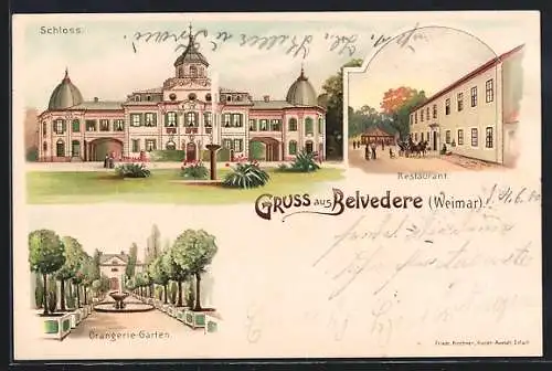 Lithographie Weimar / Thüringen, Schloss Belvedere, Restaurant, Orangerie-Garten