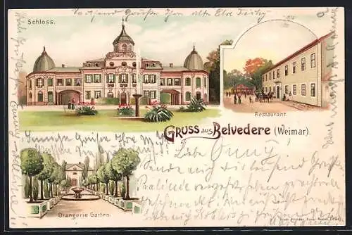 Lithographie Weimar / Thüringen, Schloss Belvedere, Restaurant, Orangerie-Garten