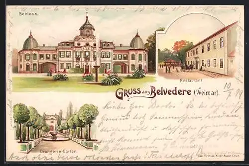 Lithographie Weimar / Thüringen, Schloss Belvedere, Restaurant, Orangerie-Garten