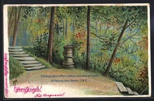 Lithographie Weimar / Thüringen, Schlangenstein im Park, mit Treppen