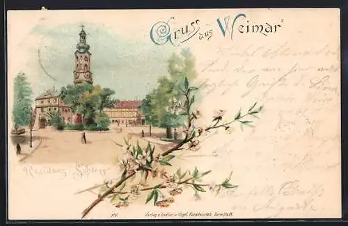 Lithographie Weimar / Thüringen, Residenz-Schloss mit Strasse