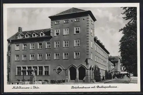 AK Mühlhausen / Th., Brückenstrasse mit Stadtsparkasse