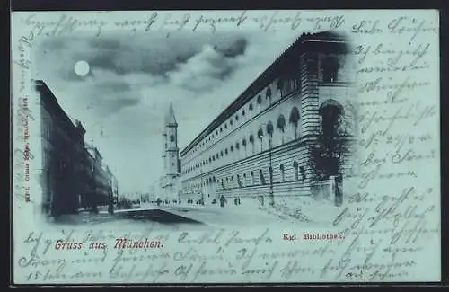 Mondschein-AK München, Königliche Bibliothek mit Strassenpartie