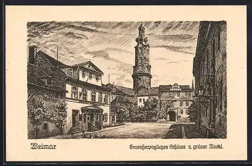 Künstler-AK Weimar / Thüringen, Grossherzogliches Schloss u. grüner Markt