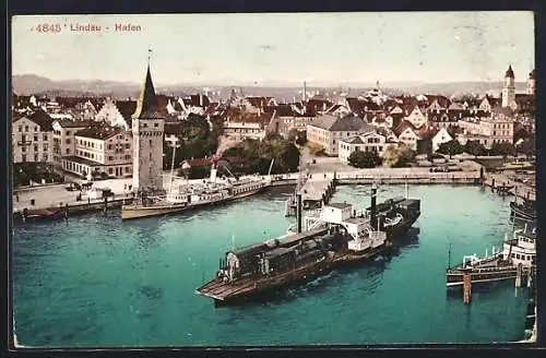 AK Lindau / Bodensee, Hafen mit Dampfern