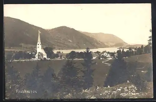 AK Fischhausen / Schliersee, Totalansicht von einen Berg aus