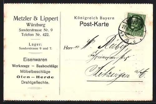 AK Würzburg, Firma Metzler & Lippert, Eisenwaren, Werkzeuge, Baubeschläge, Sanderstrasse 9