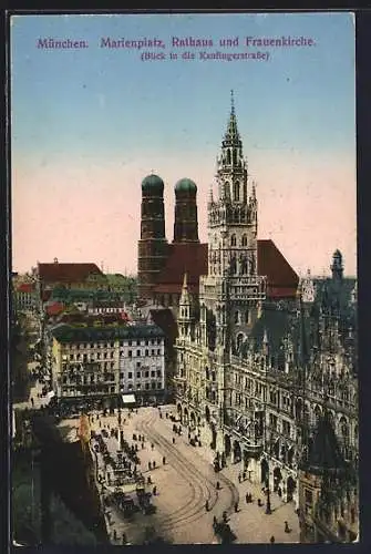 AK München, Marienplatz, Rathaus und Frauenkirche, Blick in die Kaufingerstrasse