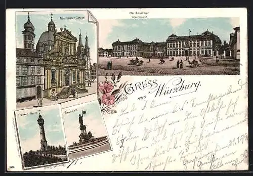 Lithographie Würzburg, Neumünster-Kirche, Residenz, Brunnen und Franken-Warte