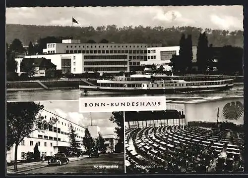 AK Bonn, Bundeshaus mit Dampfer Rheinland, Vorderansicht und Plenarsaal