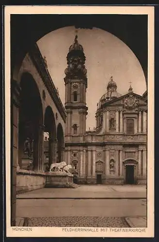 AK München, Feldherrnhalle mit Theatinerkirche am Odeonsplatz