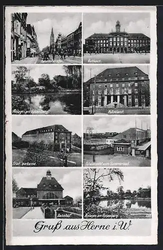 AK Herne i. W., Bahnhofstr., Rathaus, Polizeiamt, Sparkasse, Sommerbad, Bahnhof, Anlagen a. Gysenberg