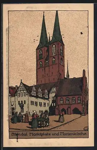 Steindruck-AK Stendal, Blick auf Marktplatz und Marienkirche