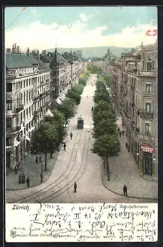 AK Zürich, Bahnhofstrasse mit Wiener Café und Strassenbahn