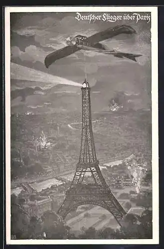 AK Paris, Deutscher Luftflotten-Verein, Deutscher Flieger über Paris, Taube und Eiffelturm