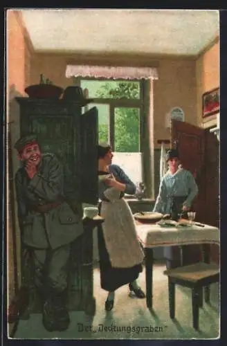 Künstler-AK Arthur Thiele: Der Deckungsgraben, Soldat versteckt sich hinter einem Schrank vor zwei Frauen