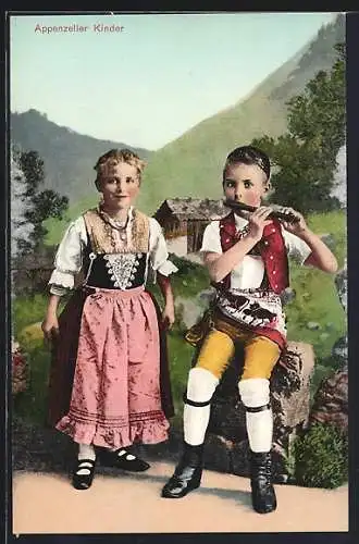 AK Appenzell, Appenzeller Kinder in Tracht vor einer Hütte, Schweiz