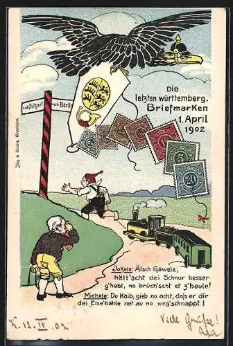 AK Die letzten württemberg. Briefmarken 1. April 1902, Reichsadler stiehlt einen Drachen mit württemberg. Briefmarken