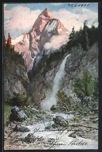 Künstler-AK August Splitgerber: Wasserfall mit Berg im Hintergrund