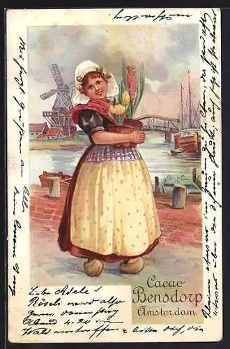 Lithographie Amsterdam, Frau in Tracht im Hafen, Blick zur Windmühle, Cacao Bensdorp