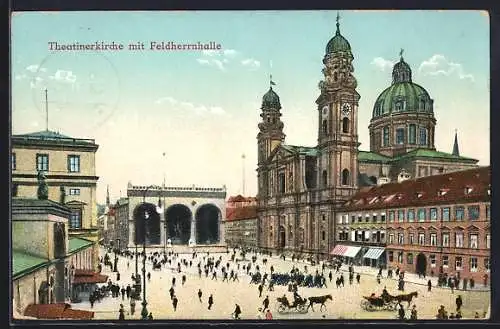 AK München, Theatinerkirche mit Feldherrnhalle am Odeonsplatz