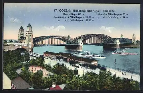 AK Köln, Südseite der Hohenzollernbrücke, Dampfer auf dem Rhein