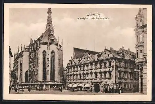 AK Würzburg, Marktplatz mit Falkenhaus und Kirche