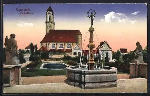 AK Darmstadt, Pauluskirche mit Brunnen