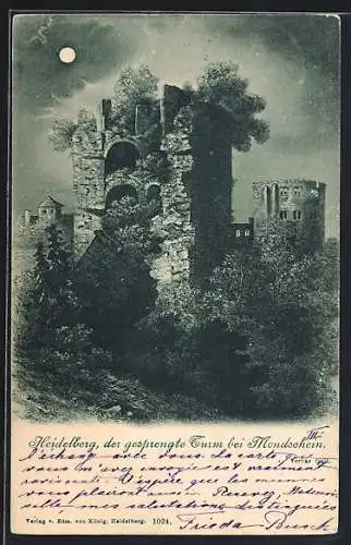 AK Heidelberg, Gesprengter Turm bei Mondschein