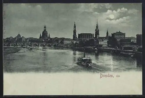 Mondschein-AK Dresden, Uferpartie mit Brücke