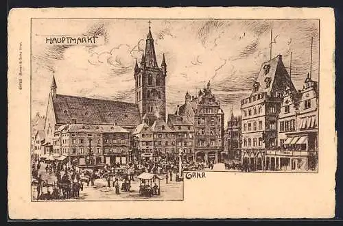 Künstler-AK Trier, Hauptmarkt mit Rathaus