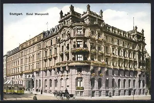 AK Stuttgart, Hotel Marquardt mit Strassenbahn