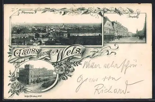 AK Wels, Panorama, Hauptplatz, Postgebäude