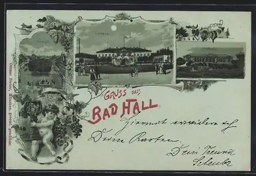 Mondschein-Lithographie Bad Hall, Kurhaus, Promenade und Trinkhalle