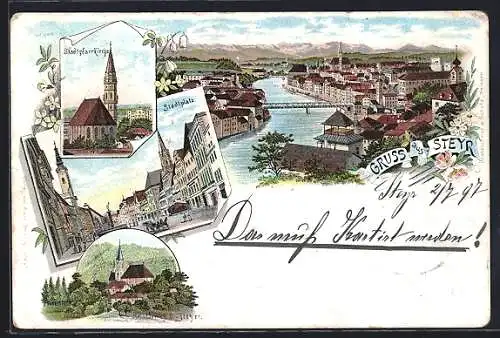 Lithographie Steyr, Stadtplatz, Stadtpfarrkirche und St. Ulrich bei Steyr