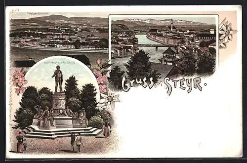 Lithographie Steyr, Waffenfabrik, Josef Werndl-Denkmal, Panorama