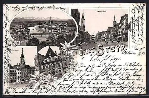 Lithographie Steyr, Hotel zum Löwen, Stadtplatz, Rathaus